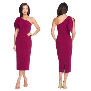 Dress The Population Tiffany Magenta One Shoulder Bow Crepe Midi Dress Small